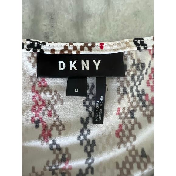 DKNY Print Stretch Knit Surplice Top Blouse Sleeveless Ruching Woman Size Medium - Picture 4 of 9